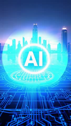 AI hologram emerging over pulsing circuit waterfront in vertical futuristic tech video