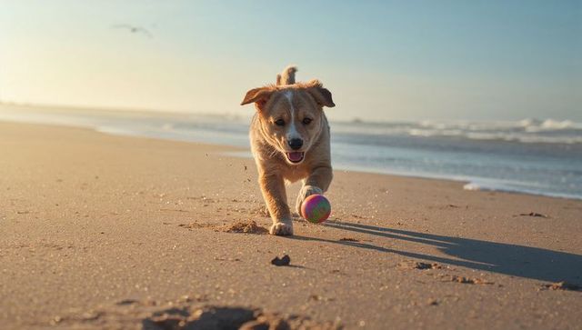Playful golden puppy running on sandy beach at sunrise chasing colorful ball on wet sand