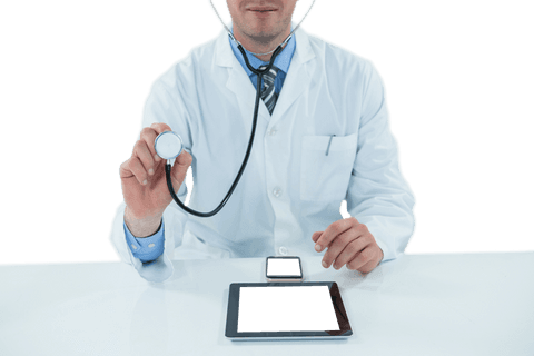 A doctor examining with a stethoscope held near technological devices like a tablet and smartwatch. Ideal for illustrating the integration of healthcare and technology, modern medical practices, or futuristic digital healthcare scenarios. Suitable for articles on telehealth, digital medicine advancements, or online healthcare services.