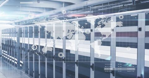 Depiction of a modern server room with an overlay of a digital world map highlights global data connectivity. Useful for illustrating themes of global business, data management, and cybersecurity. Ideal for articles on technology trends, server infrastructures, and networking in corporate settings.