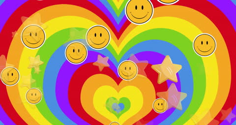 Cheerful Rainbow Background with Smiley Faces and Stars