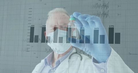 Doctor analyzing pharmaceutical vial with scientific data overlaid