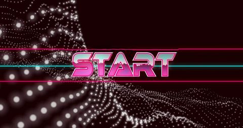 Retro futuristic start text with neon grid background