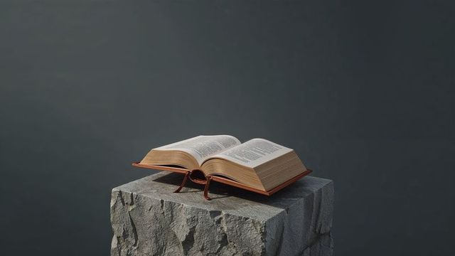 Open hardcover book on stone pedestal in a studio setting