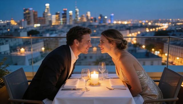 Romantic rooftop candlelit dinner with couple leaning in, smiling beneath city skyline at dusk