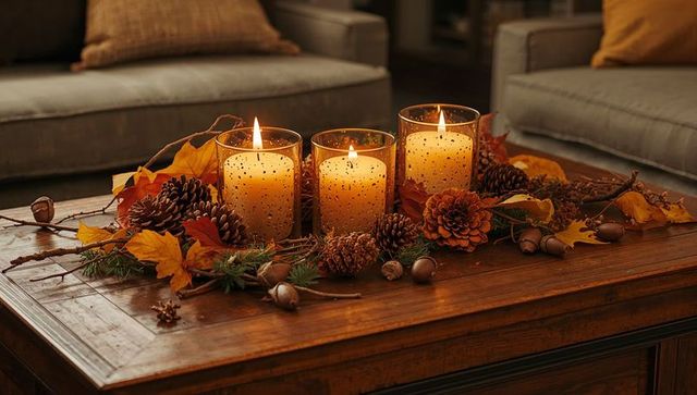 Cozy autumn candle arrangement with soft glow on wooden surface