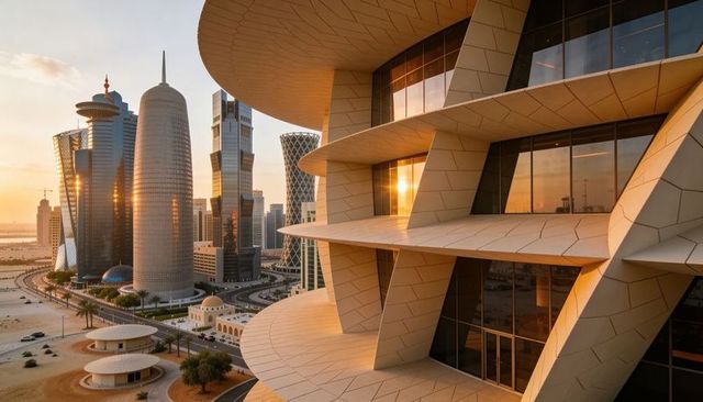 Sunset reflecting on curved beige terraces and glass towers in modern waterfront city