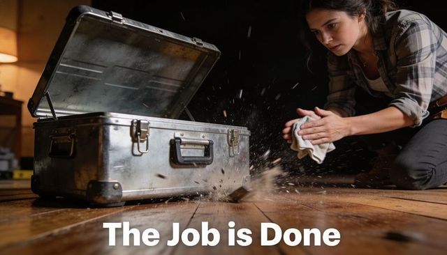 Woman kneeling wiping floor dust after toolbox spill during home repair cleanup
