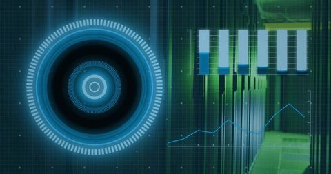 Futuristic HUD dashboard overlaying server room with analytics charts and neon grid