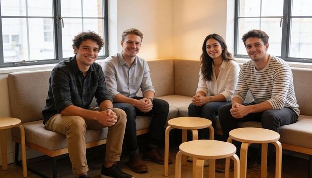 Young professionals collaborating on lounge sofa in bright coworking space during casual team meetin