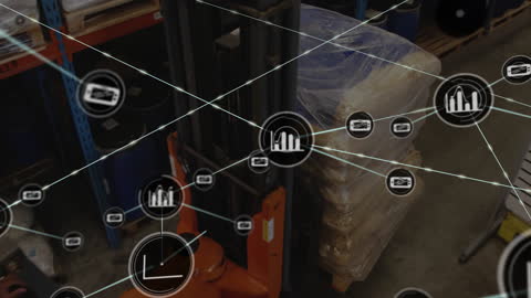 Forklift Navigating High-Tech Warehouse with Inventory Management System