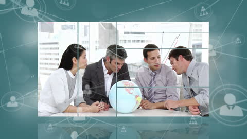 Diverse Business Team Discussing Global Strategies with Technology Overlay