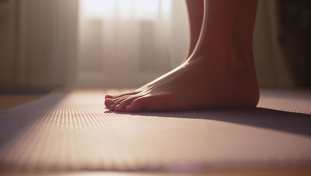 Bare feet on exercise mat in minimalist home fitness setting