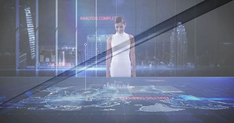 Female Engineer Using Holographic Map in Futuristic Tech Hub