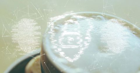 Latte art with holographic fingerprint overlay blending coffee foam and digital network