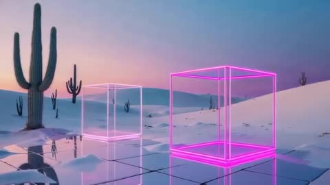 Digital Futuristic Desert Landscape with Neon Cubes at Dusk