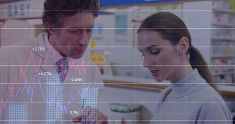 Pharmacist and Customer Discussing with Financial Data Overlay
