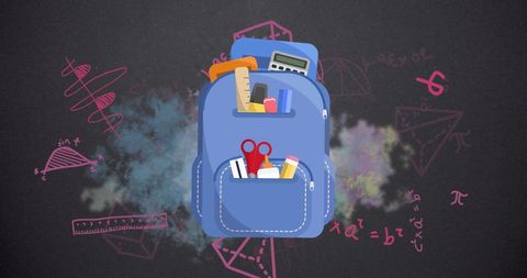 Backpack with Stationary and Math Equations on Chalkboard