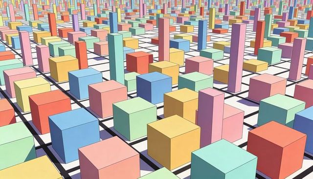 Creating pastel 3d cube grid with vertical pillars and geometric repetition