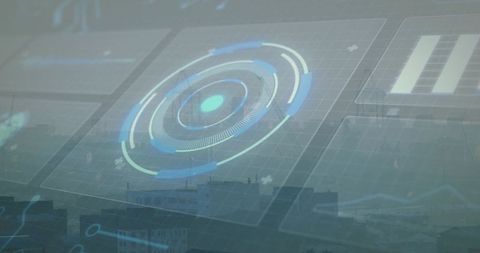 Futuristic Holographic HUD Hovering Above Hazy Urban Rooftops Cyberpunk City Interface