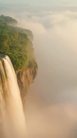 Panning camera revealing towering waterfall plunging from lush cliff into misty gorge vertical video
