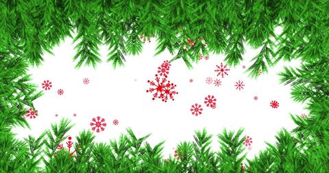 Festive Red Snowflakes with Lush Green Tree Branches Border