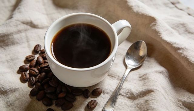 Steaming white ceramic cup holding black coffee on linen with roasted beans and spoon