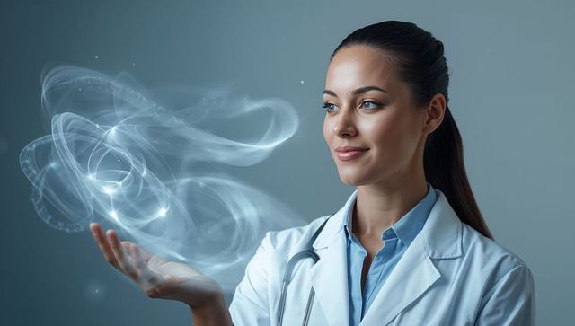 Female doctor holding futuristic holographic medical interface above palm with stethoscope