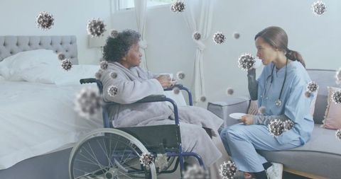 Nurse and Patient Amidst Virtual COVID-19 Cells in Healthcare Setting