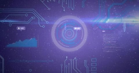 Futuristic Digital Interface with Central HUD and Cyber Elements