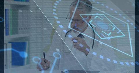 Physician Reviewing Medical Records with Digital HUD and Data Visualization Overlay