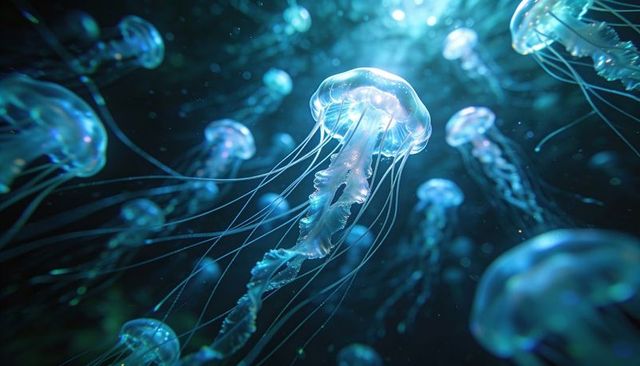 Bioluminescent jellyfish drifting through deep cyan water with trailing tentacles