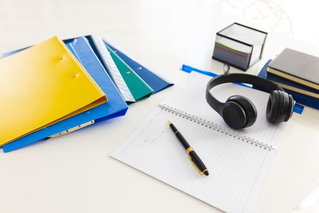 This image shows a neatly organized home office desk with various office supplies including folders, a notebook, a pen, and headphones. It is ideal for illustrating concepts related to remote work, productivity, and organization. The clean and minimalistic setup can be used in articles, blogs, and websites focusing on home office setups, work-from-home tips, and office organization.