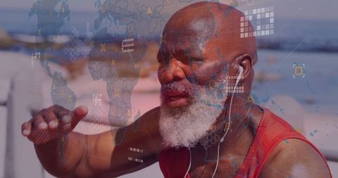 Elderly man enjoying fitness outdoors with global connectivity theme