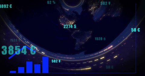 Global finance dashboard showing nighttime earth with neon currency metrics and analytics