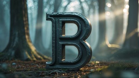 Metallic letter b on misty forest floor exuding tranquility