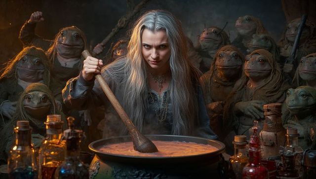 Sorceress brewing mystical potion in enchanted cave meeting