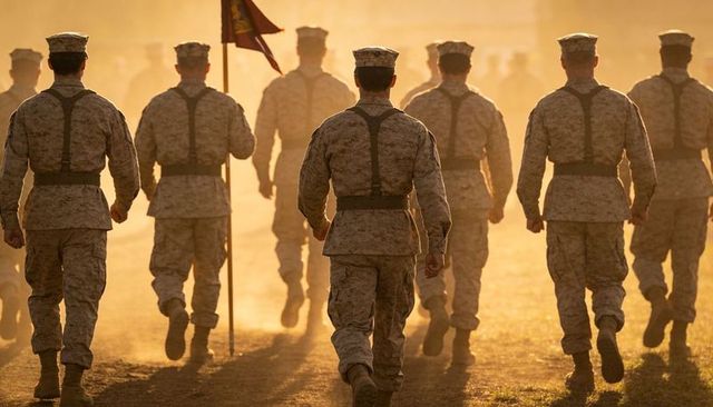Squad of soldiers marching at sunset on dusty training ground carrying guidon