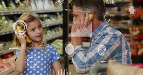 Playing dad and daughter using banana phones in grocery produce aisle with futuristic hud