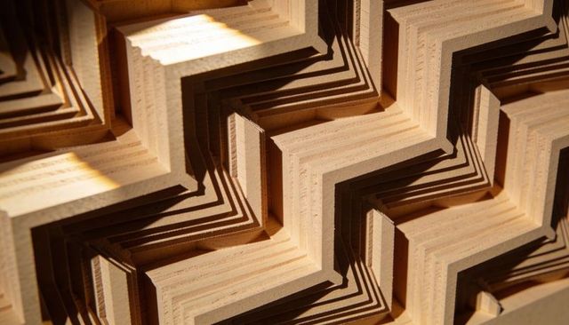 Highlighting modular plywood zigzag tessellation with grain, shadow and geometric depth