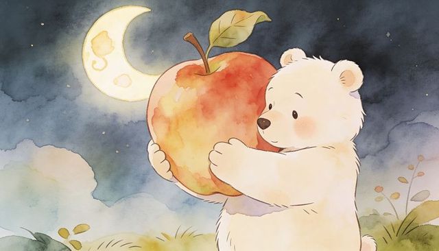 Dreamy watercolor bear cub hugging oversized apple under crescent moon on grassy hilltop