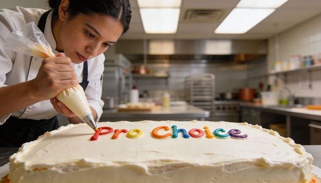 Pastry chef piping rainbow pro choice lettering on frosted sheet cake in bakery kitchen