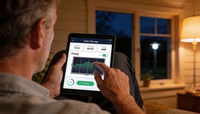 Checking Solar Storage App on Tablet, Man Monitoring Home Energy in Cozy Living Room at Night