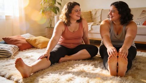 Sunlit home stretching session: two women smiling during gentle living room fitness