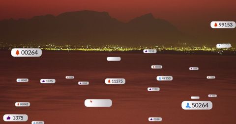 Social media interactions over scenic sunset ocean view