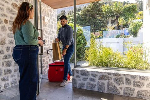 Courier delivering grocery bag to resident at modern home entry with window view
