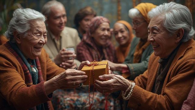 Senior Women Sharing Gift during Family Gathering