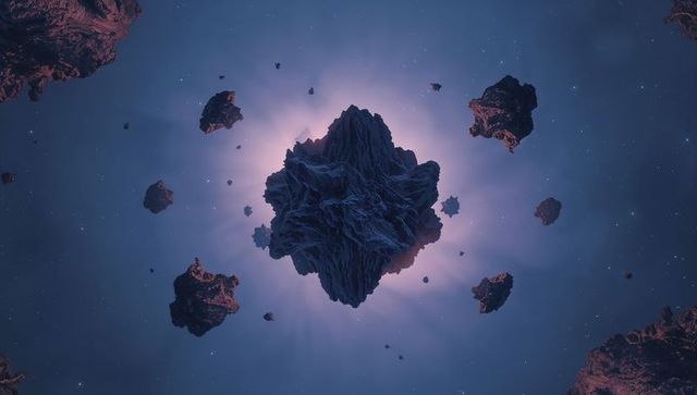 Jagged asteroid drifting through violet backlit starfield casting purple rim light