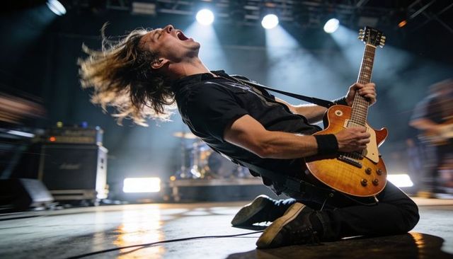 Kneeling rock guitarist performing high-energy solo under backlit spotlights on stage