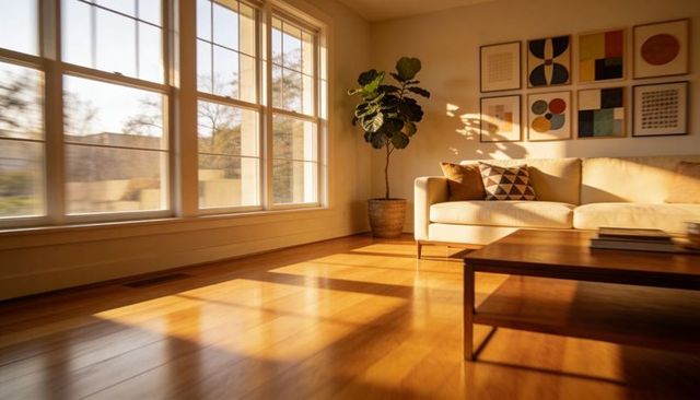 Sunlight filling minimal living room with beige sofa, hardwood floor and gallery wall